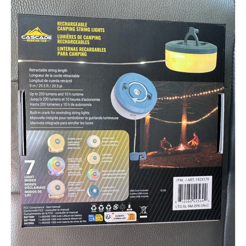 Cascade Mountain Tech Camping String Lights 2-Pack Rechargeable NEW
